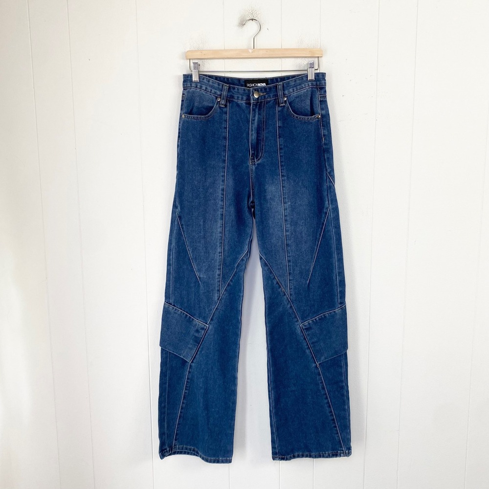 Fashion Nova Women Wide Leg Cargo Seam Detail Jeans Size 7 U1006 Medium Wash